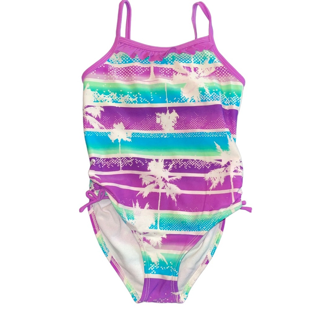 Joe Boxer Little Girls One Piece Swim Suit Size Medium (7-8) Purple Palm Trees